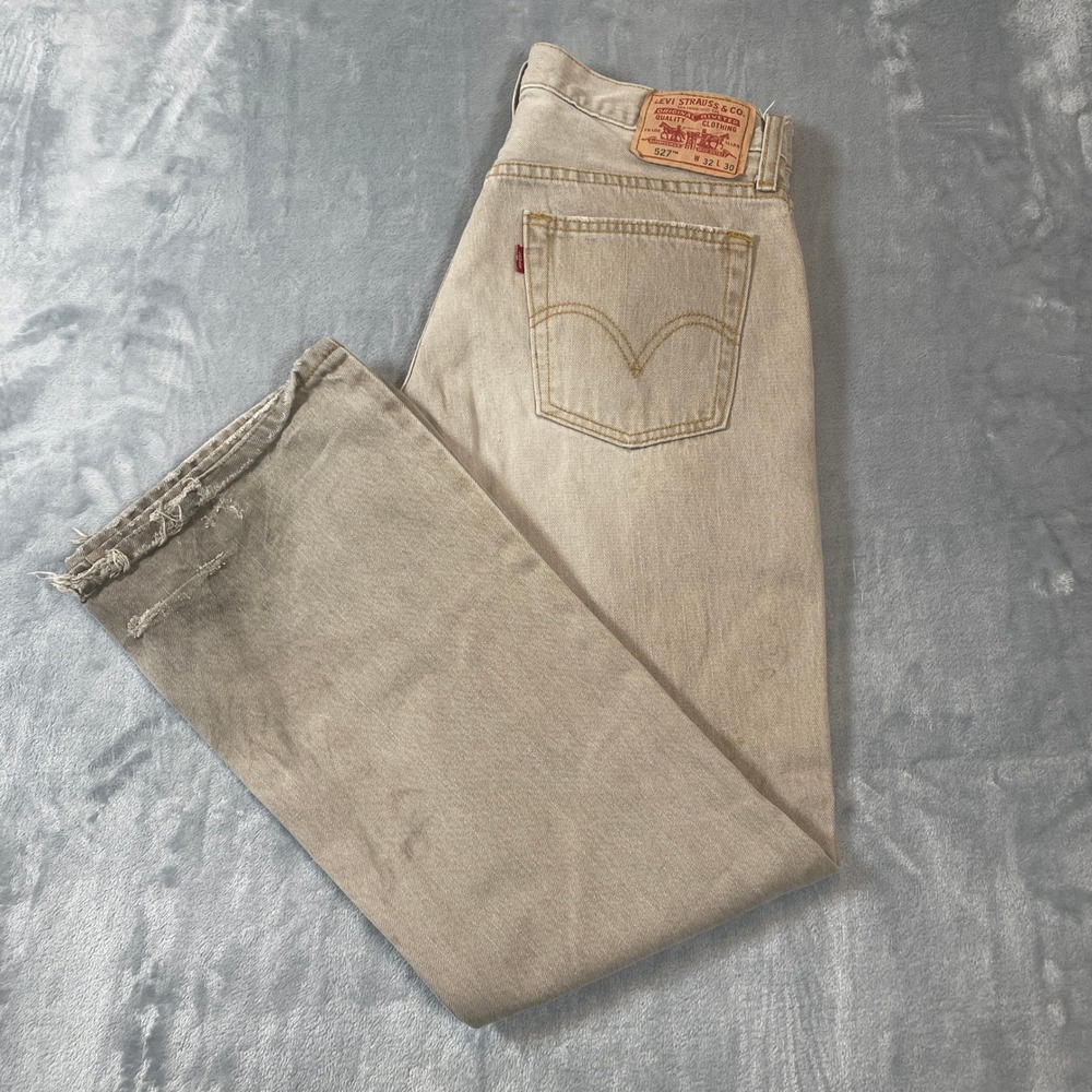 Levis Jeans Mens 32x30 527 Low Boot Cut Tan Khaki Faded Distressed Y2K Skater - Picture 6 of 8